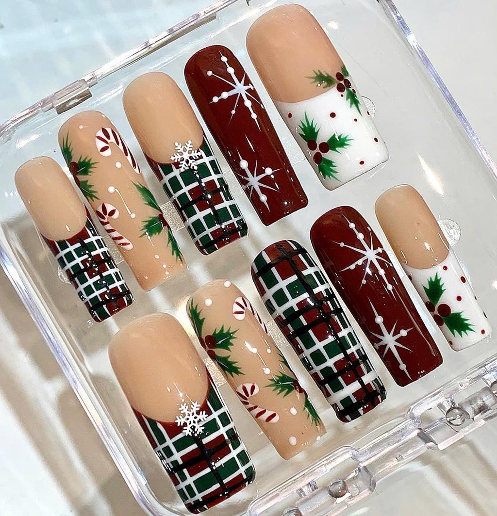 Plaid Christmas Press On Nails | Candy Cane & Holly Nail Set | Red Green Holiday Nails