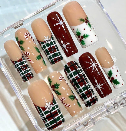 Plaid Christmas Press On Nails | Candy Cane & Holly Nail Set | Red Green Holiday Nails