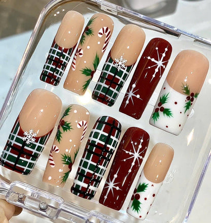 Plaid Christmas Press On Nails | Candy Cane & Holly Nail Set | Red Green Holiday Nails