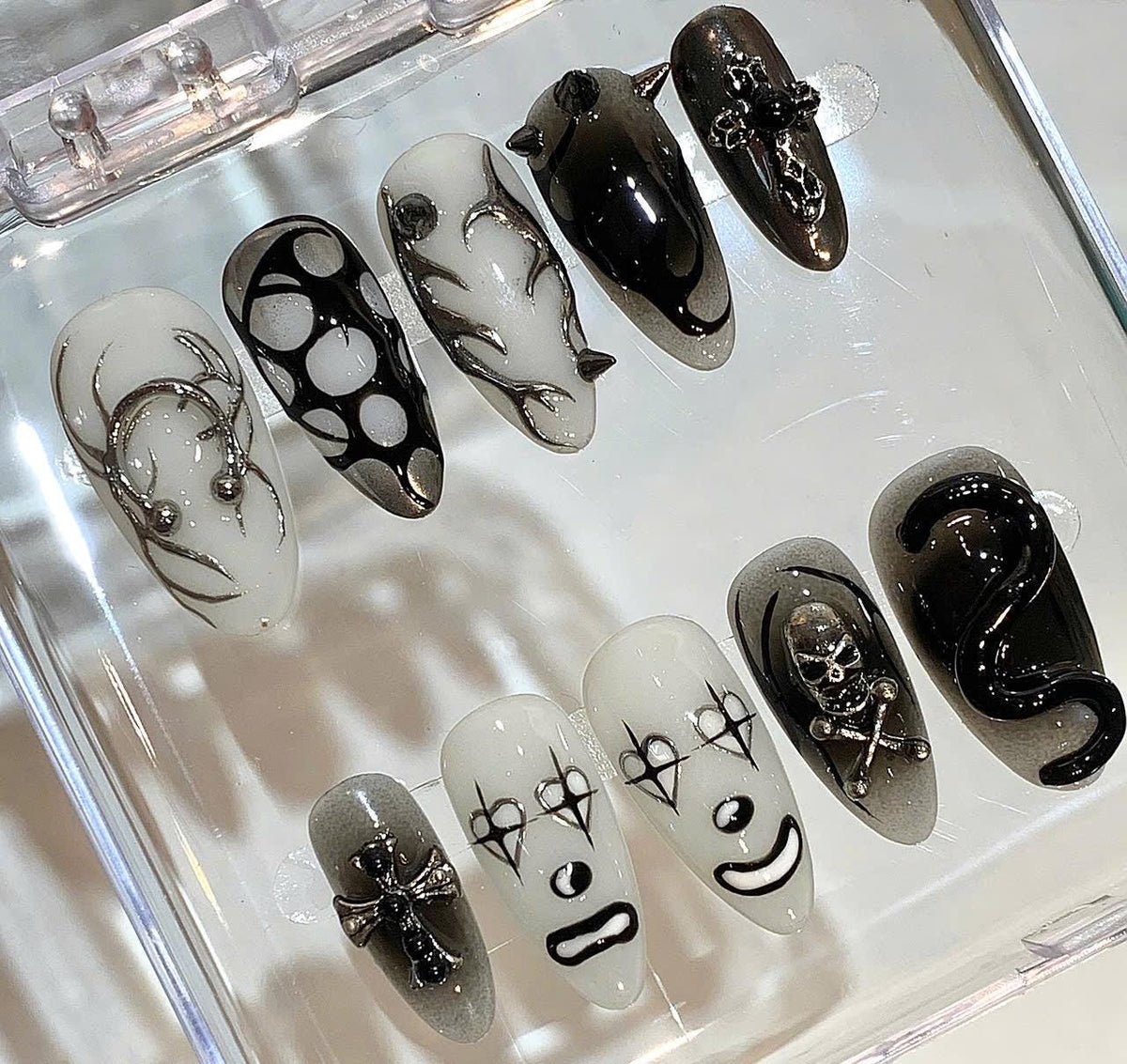 Gothic Press On Nails | Black White Skull Nail Set | Horror Clown & Snake Nails