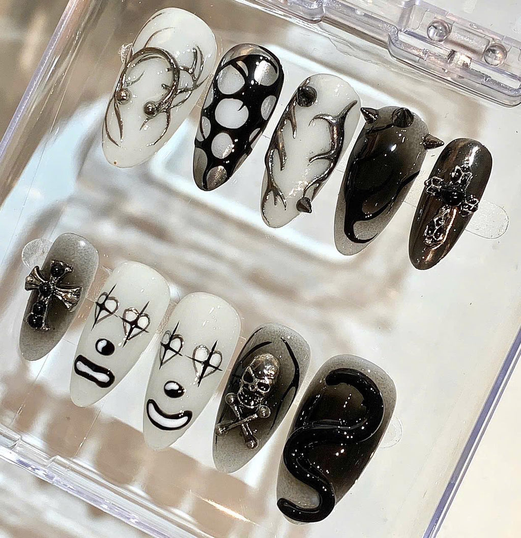 Gothic Press On Nails | Black White Skull Nail Set | Horror Clown & Snake Nails