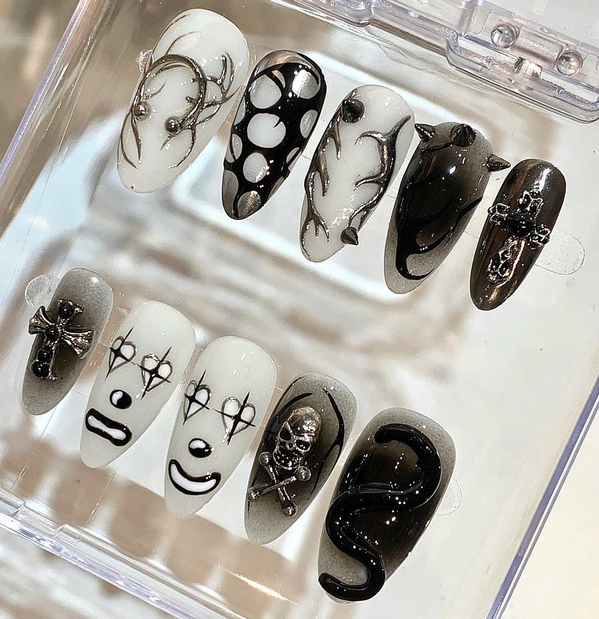 Gothic Press On Nails | Black White Skull Nail Set | Horror Clown & Snake Nails