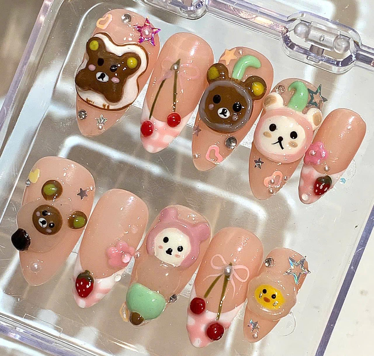 Kawaii Bear Press On Nails | 3D Cherry Nail Set | Pink Cartoon Fake Nails