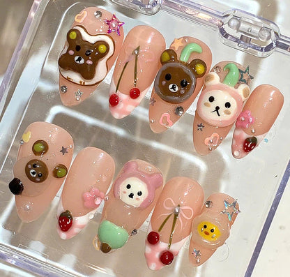 Kawaii Bear Press On Nails | 3D Cherry Nail Set | Pink Cartoon Fake Nails