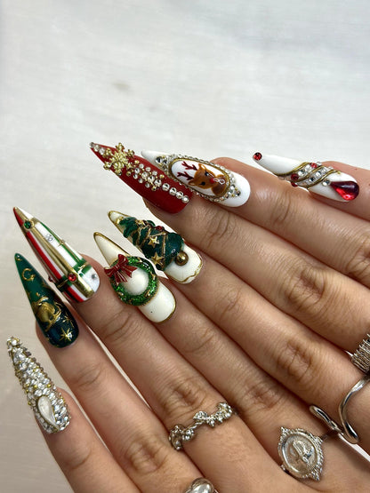 Luxury Christmas Press On Nails | 3D Tree & Wreath Nails | Candy Cane Holiday Nail Art | Christmas Press Ons | Festive Winter Set | JB242HC