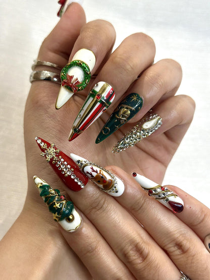 Luxury Christmas Press On Nails | 3D Tree & Wreath Nails | Candy Cane Holiday Nail Art | Christmas Press Ons | Festive Winter Set | JB242HC