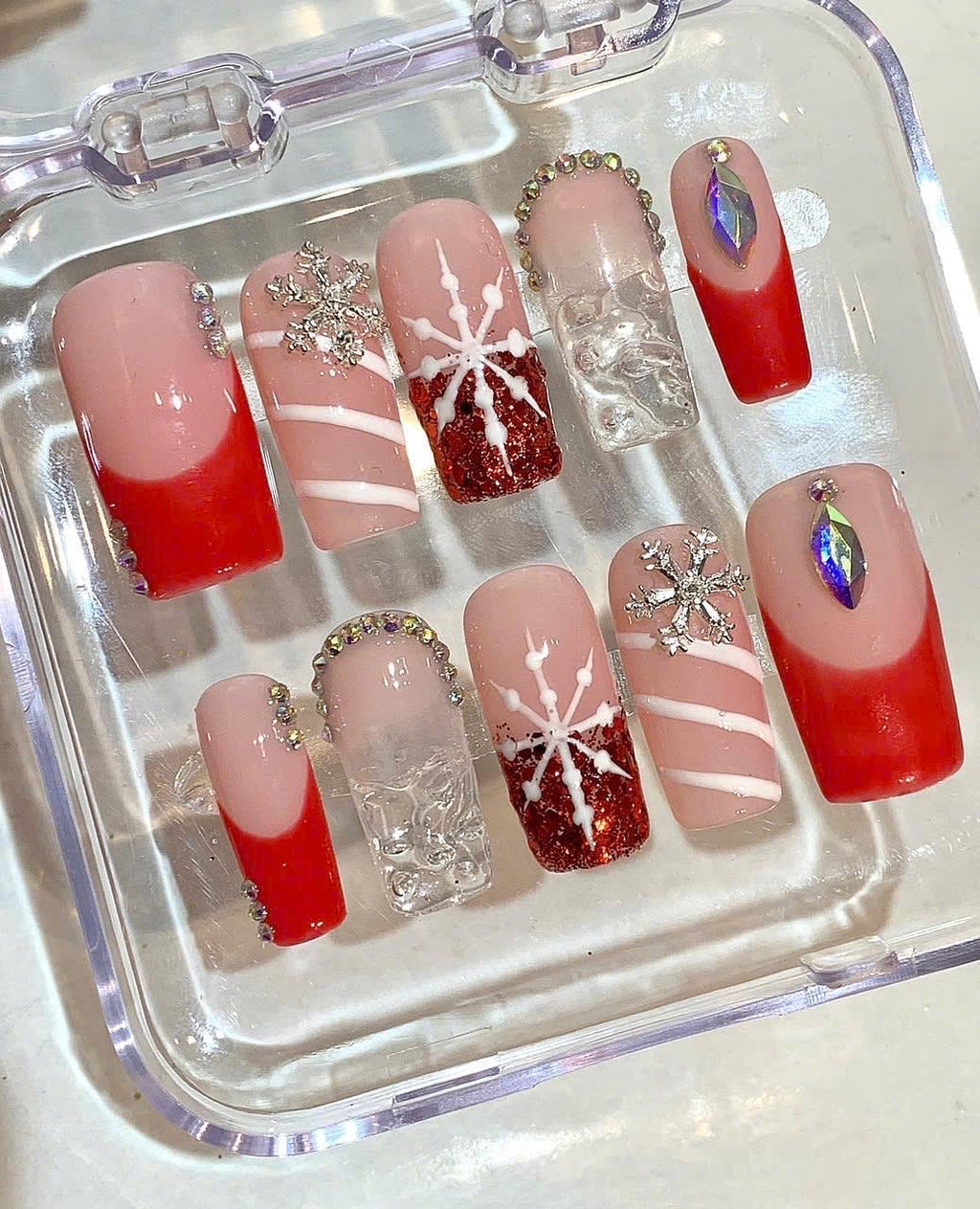 Red Snowflake Press On Nails | Pink Holiday Nail Set | Glitter Winter Fake Nails