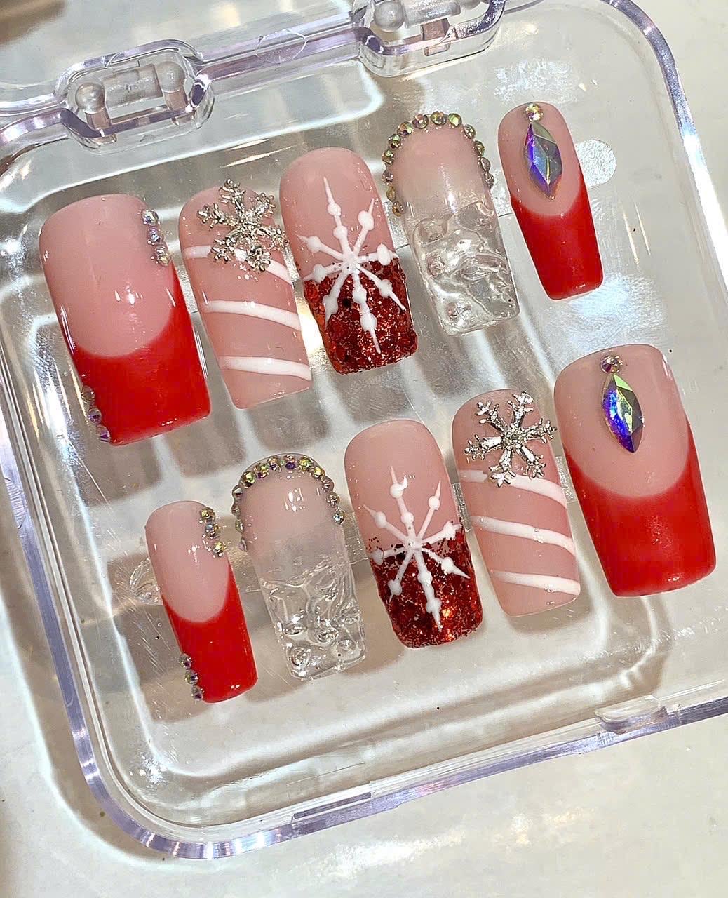 Red Snowflake Press On Nails | Pink Holiday Nail Set | Glitter Winter Fake Nails