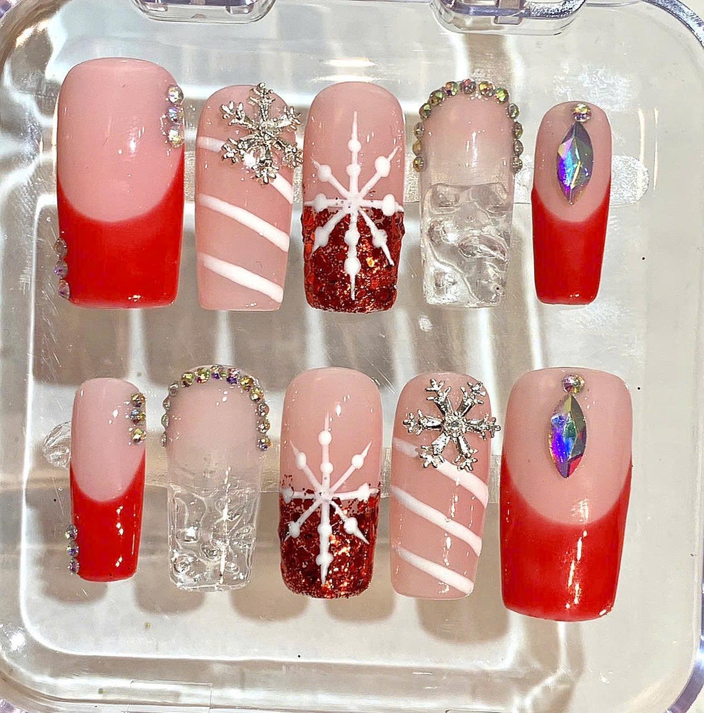 Red Snowflake Press On Nails | Pink Holiday Nail Set | Glitter Winter Fake Nails