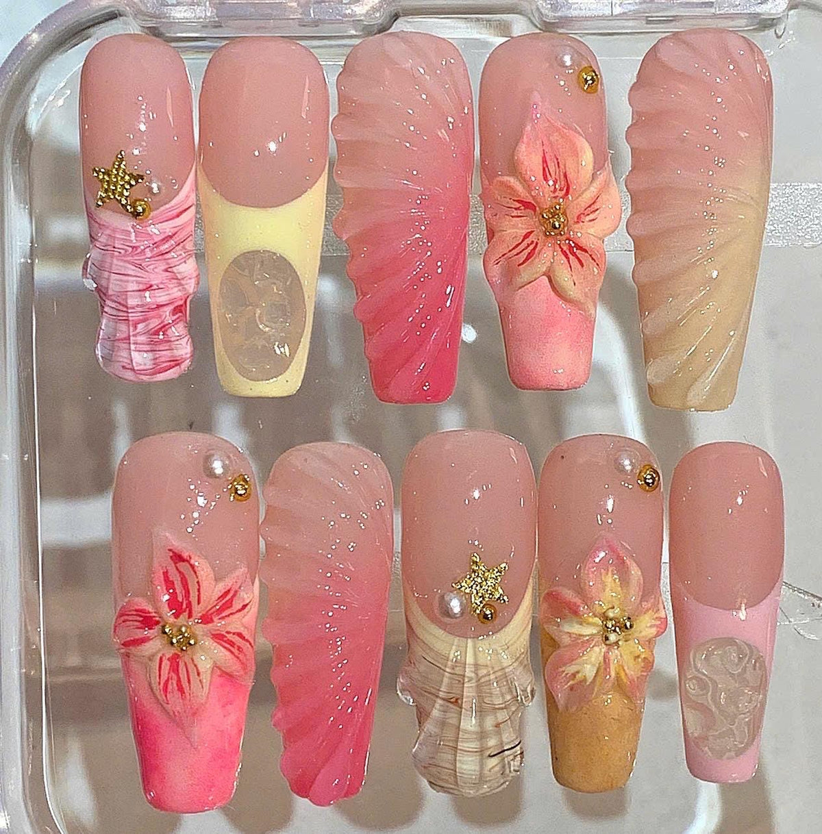 Pink Shell Press On Nails | 3D Flower Nail Set | Tropical Summer Beach Nails