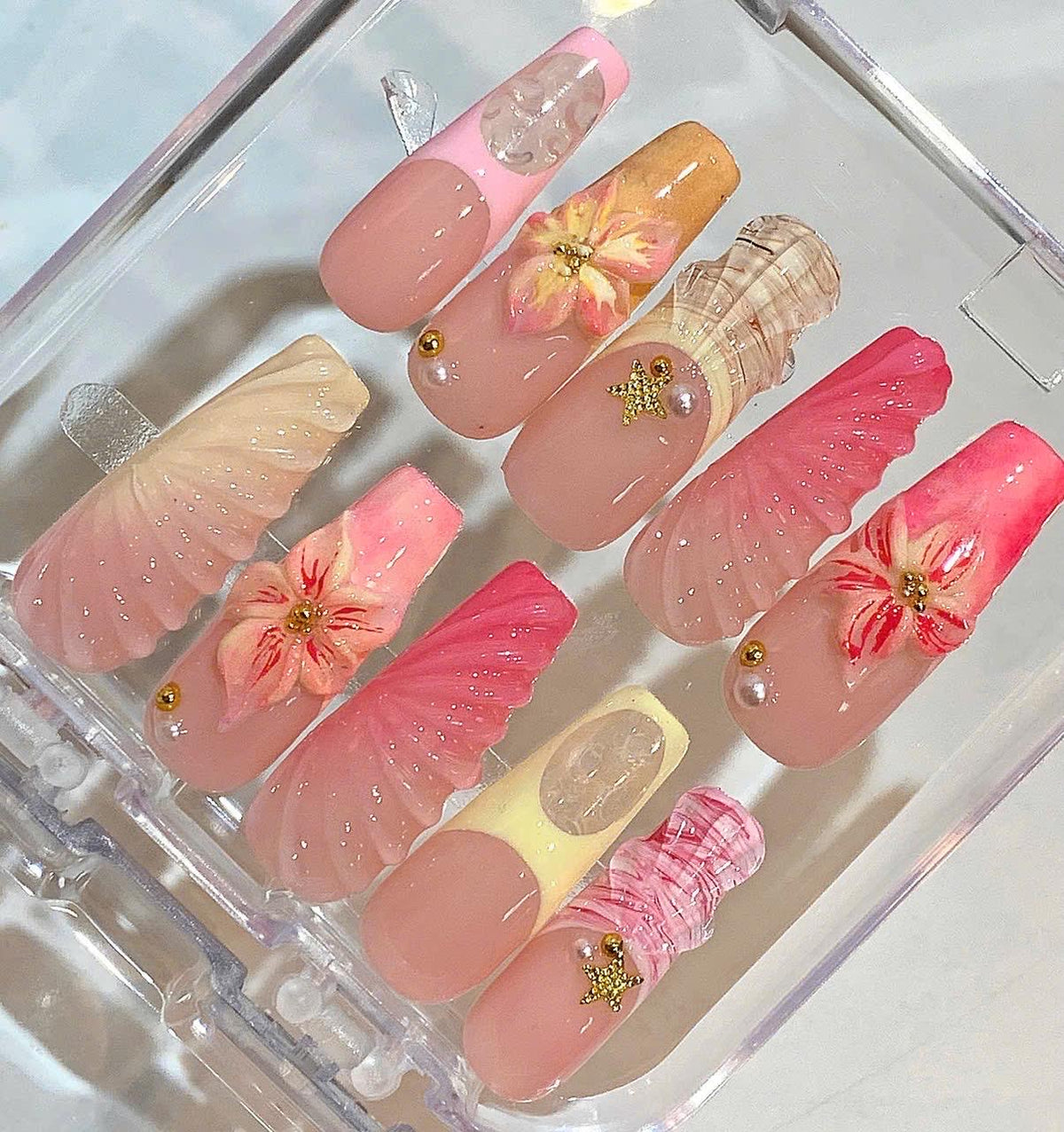 Pink Shell Press On Nails | 3D Flower Nail Set | Tropical Summer Beach Nails