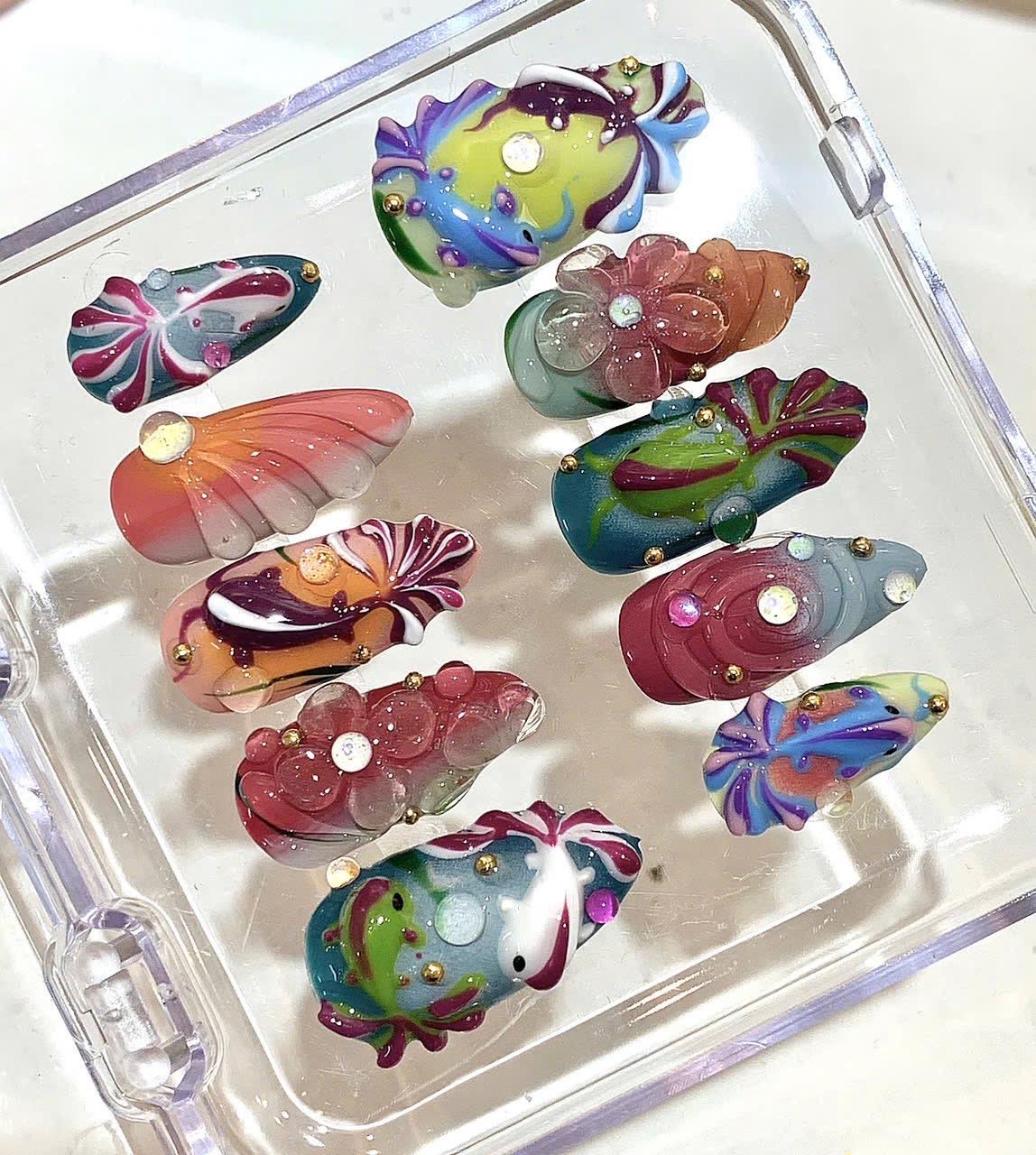 3D Fish Floral Press On Nails | Handcrafted Koi Nail Art Set