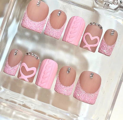 Pink Sweater Press On Nails | 3D Heart Glitter Nail Set