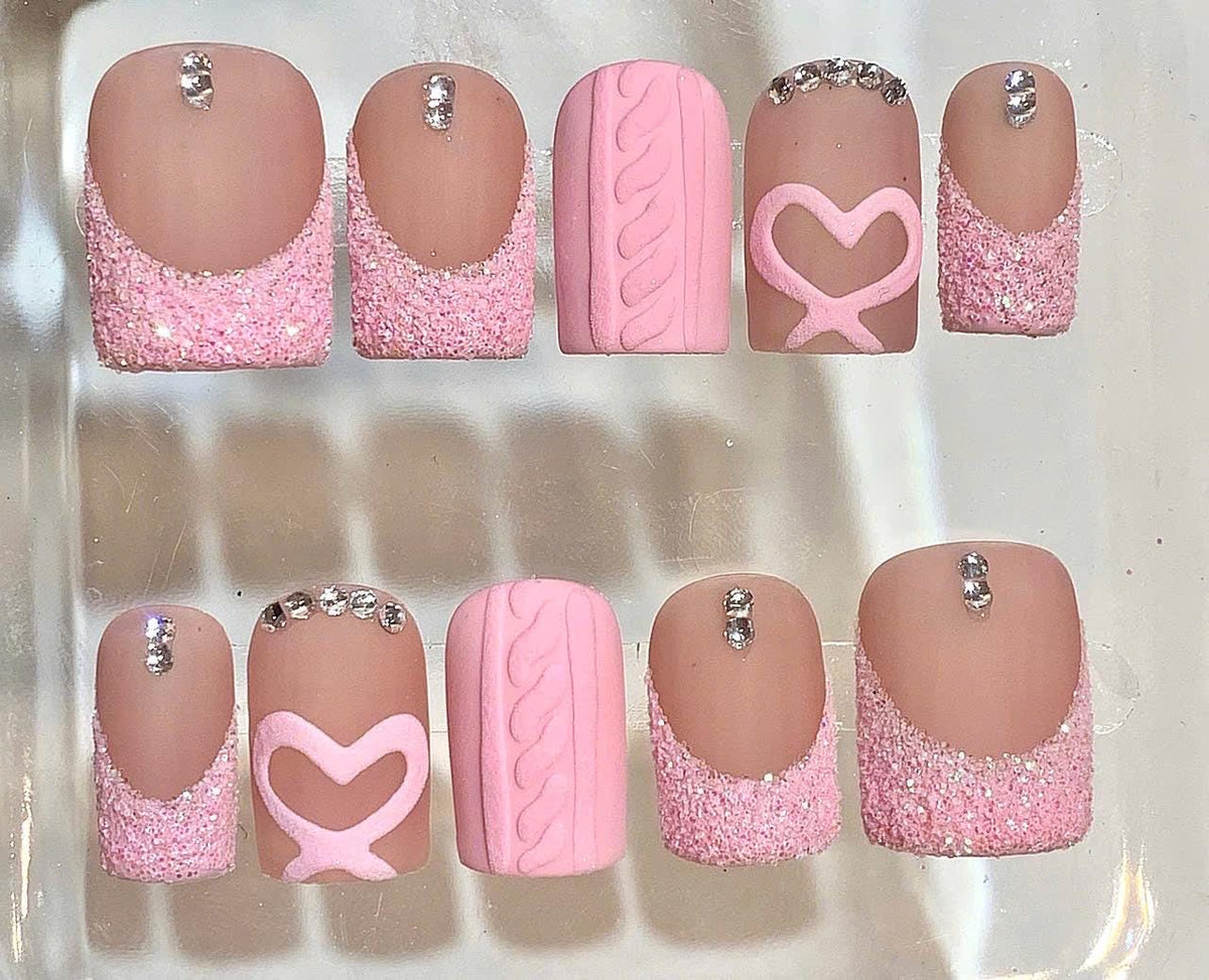 Pink Sweater Press On Nails | 3D Heart Glitter Nail Set