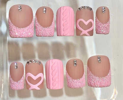 Pink Sweater Press On Nails | 3D Heart Glitter Nail Set