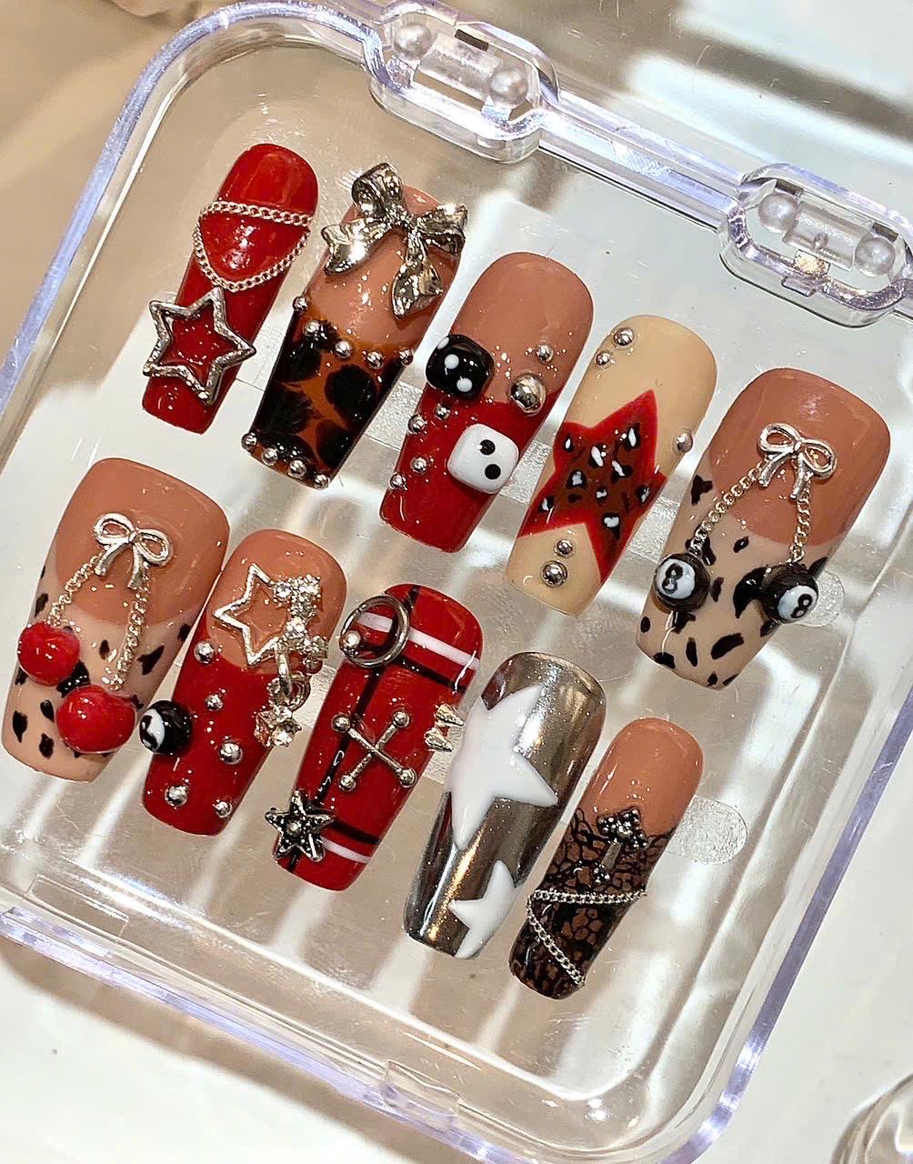 Rock Star Red Leopard Press On Nails – Edgy Dice & Chain Charm Nails