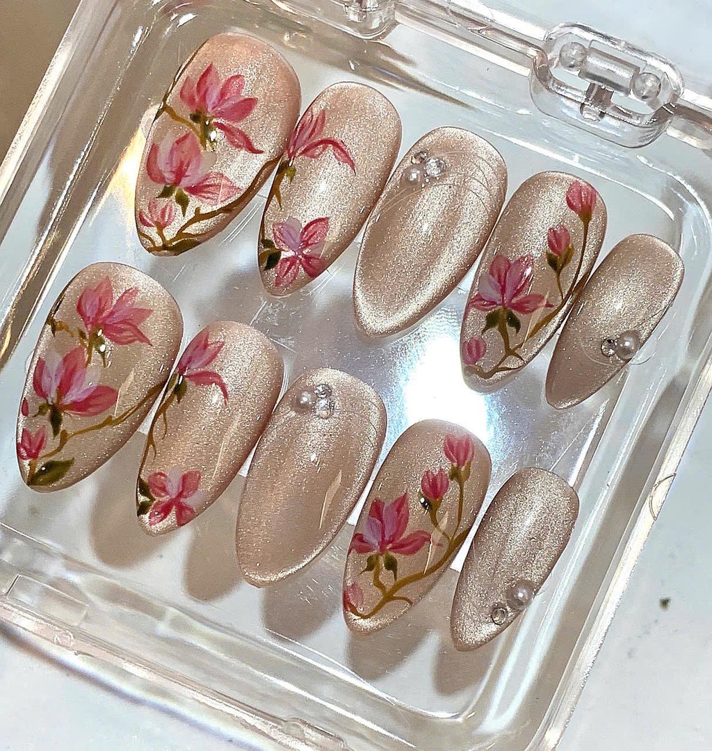 Elegant Floral Nude Press On Nails – Hand-Painted Pink Blossom Nails