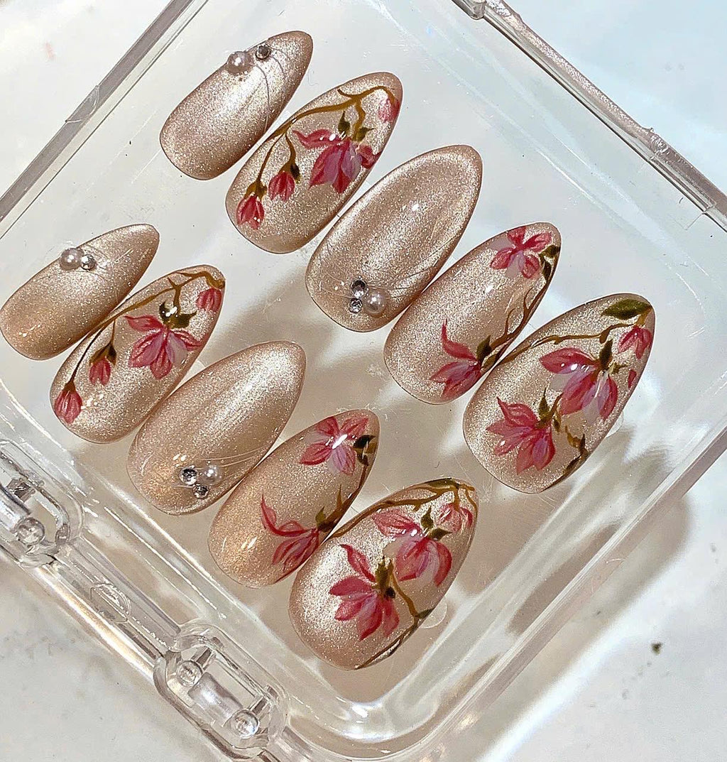 Elegant Floral Nude Press On Nails – Hand-Painted Pink Blossom Nails