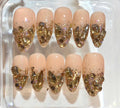 Luxury Gold Crystal Press On Nails | Nude Glitter Nail Set | Chunky Rhinestone Fake Nails