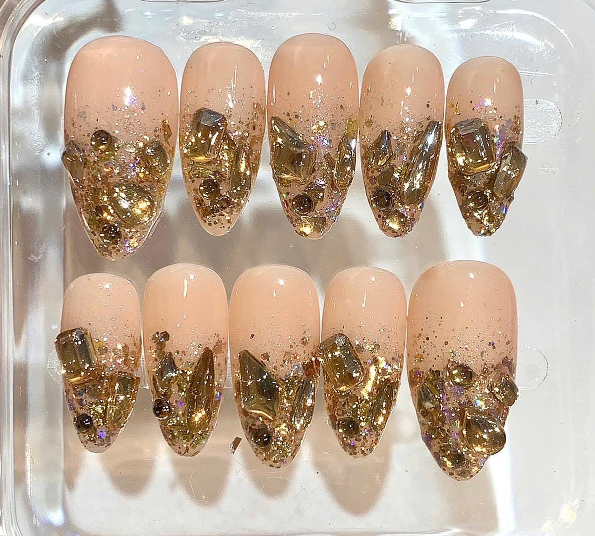 Luxury Gold Crystal Press On Nails | Nude Glitter Nail Set | Chunky Rhinestone Fake Nails