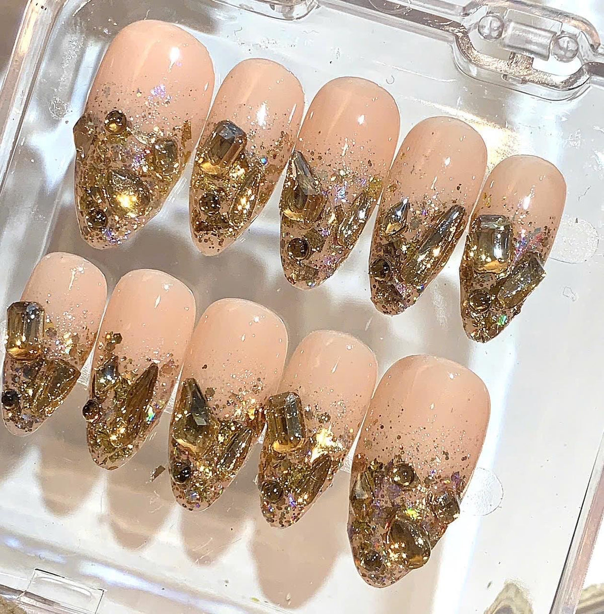 Luxury Gold Crystal Press On Nails | Nude Glitter Nail Set | Chunky Rhinestone Fake Nails