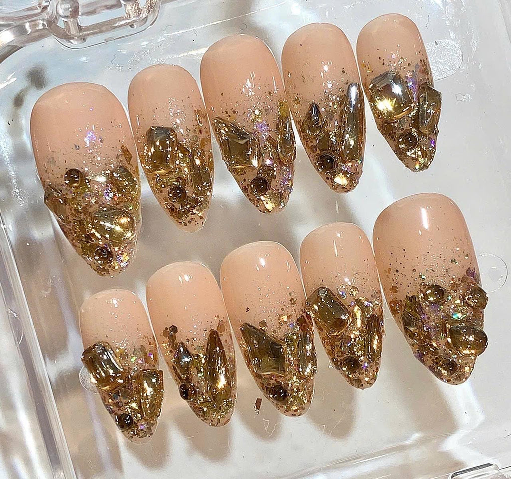 Luxury Gold Crystal Press On Nails | Nude Glitter Nail Set | Chunky Rhinestone Fake Nails