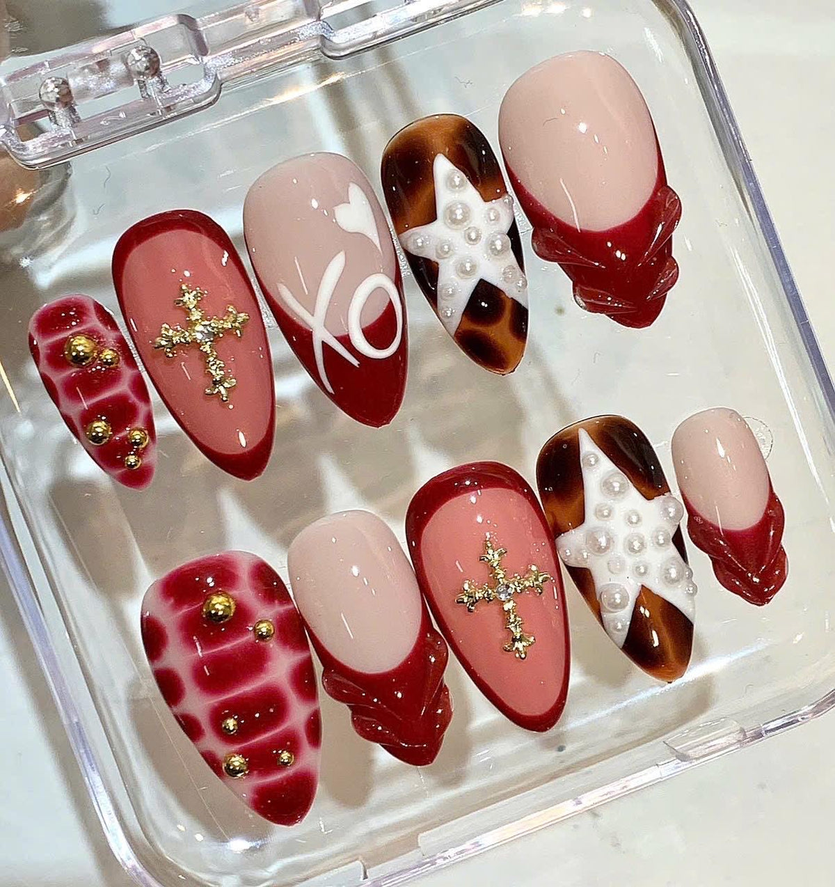 Red Heart Press On Nails | Pearl Star, 3D Cross Nail Set