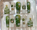 Green Christmas Tree Press On Nails - Holiday Snowflake Fake Nails
