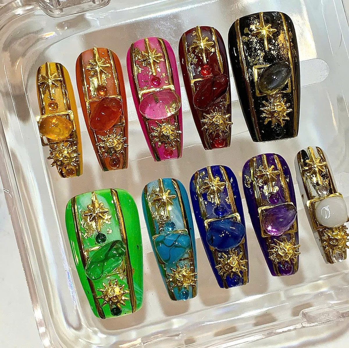 Celestial Gemstone Press On Nails: Handmade Astrology Nail Art with Stars & Crystals