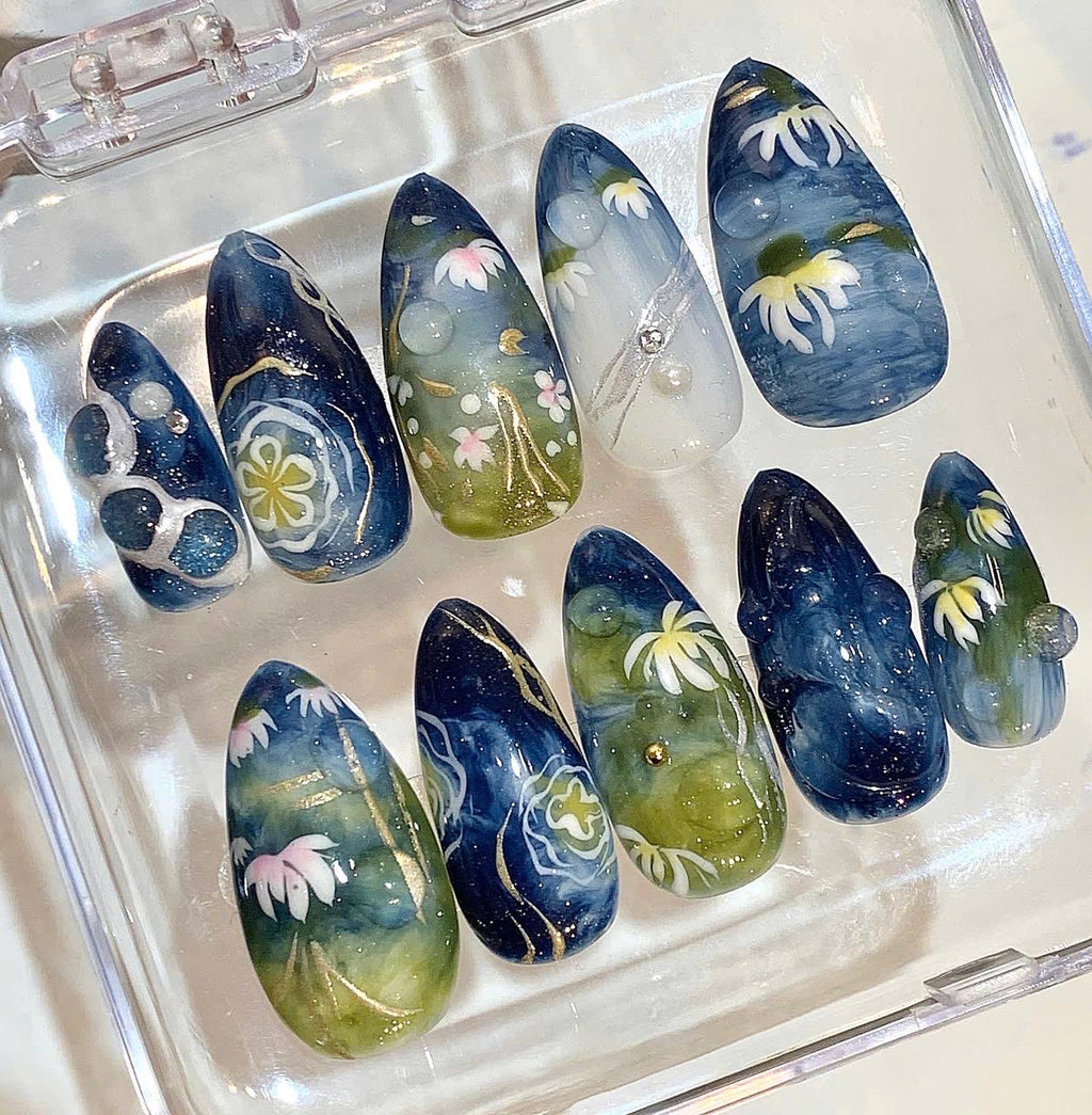Water Lily Press On Nails | Navy Green Floral Nail Set | Hand Painted Art Nails