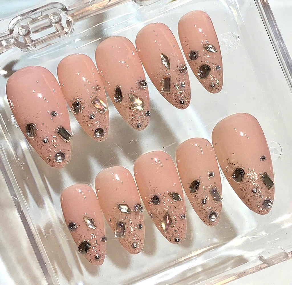 Nude Crystal Press On Nails | Elegant Sparkle Nail Set | Luxury Rhinestone Nails