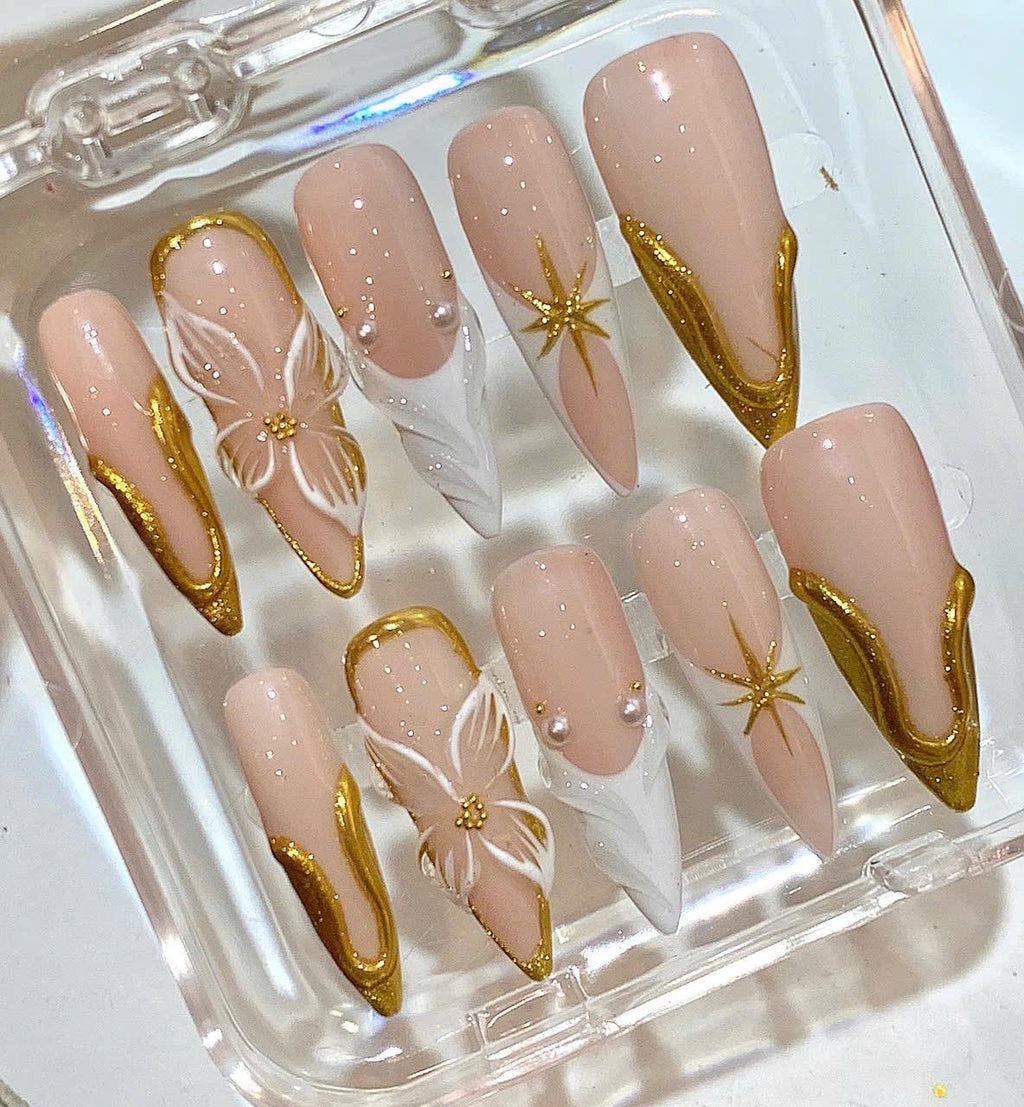 Luxury White Gold French Press On Nails - Nude Wedding Nails Set