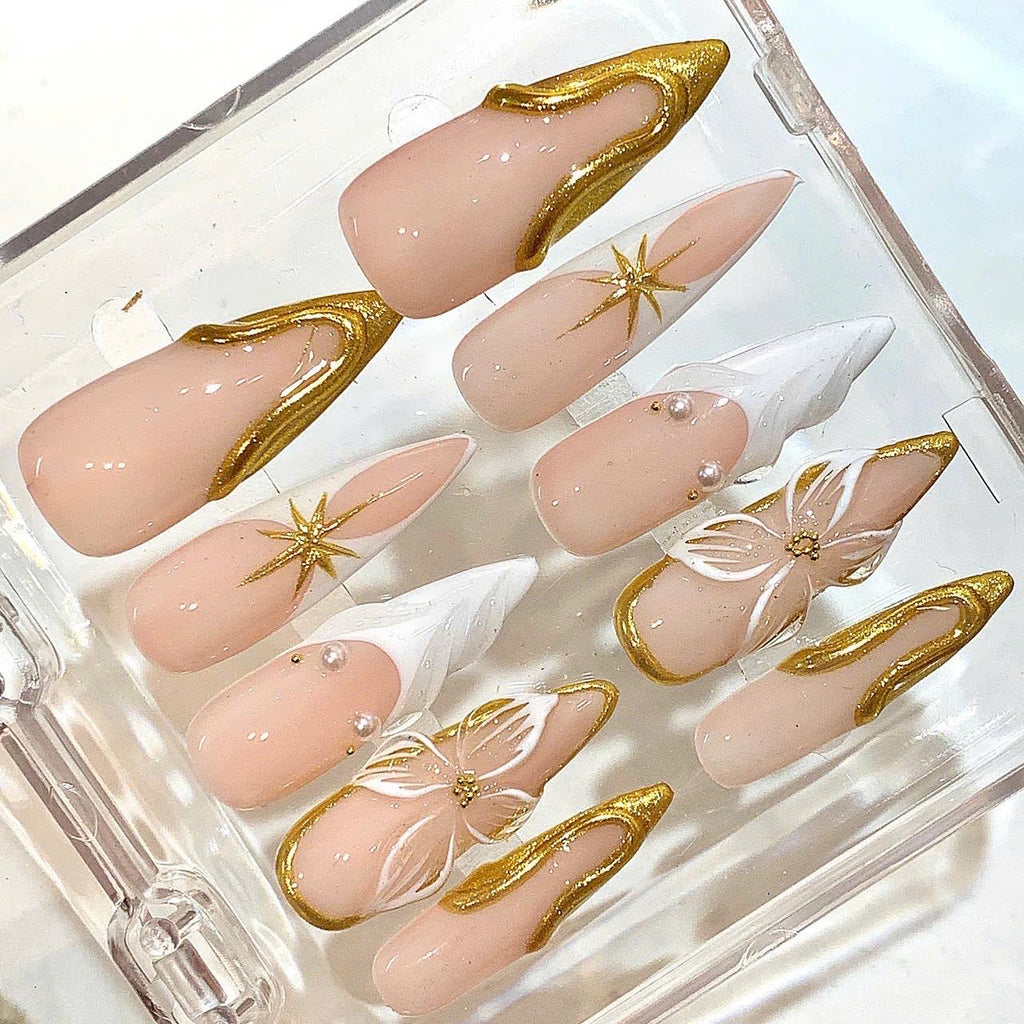 Luxury White Gold French Press On Nails - Nude Wedding Nails Set