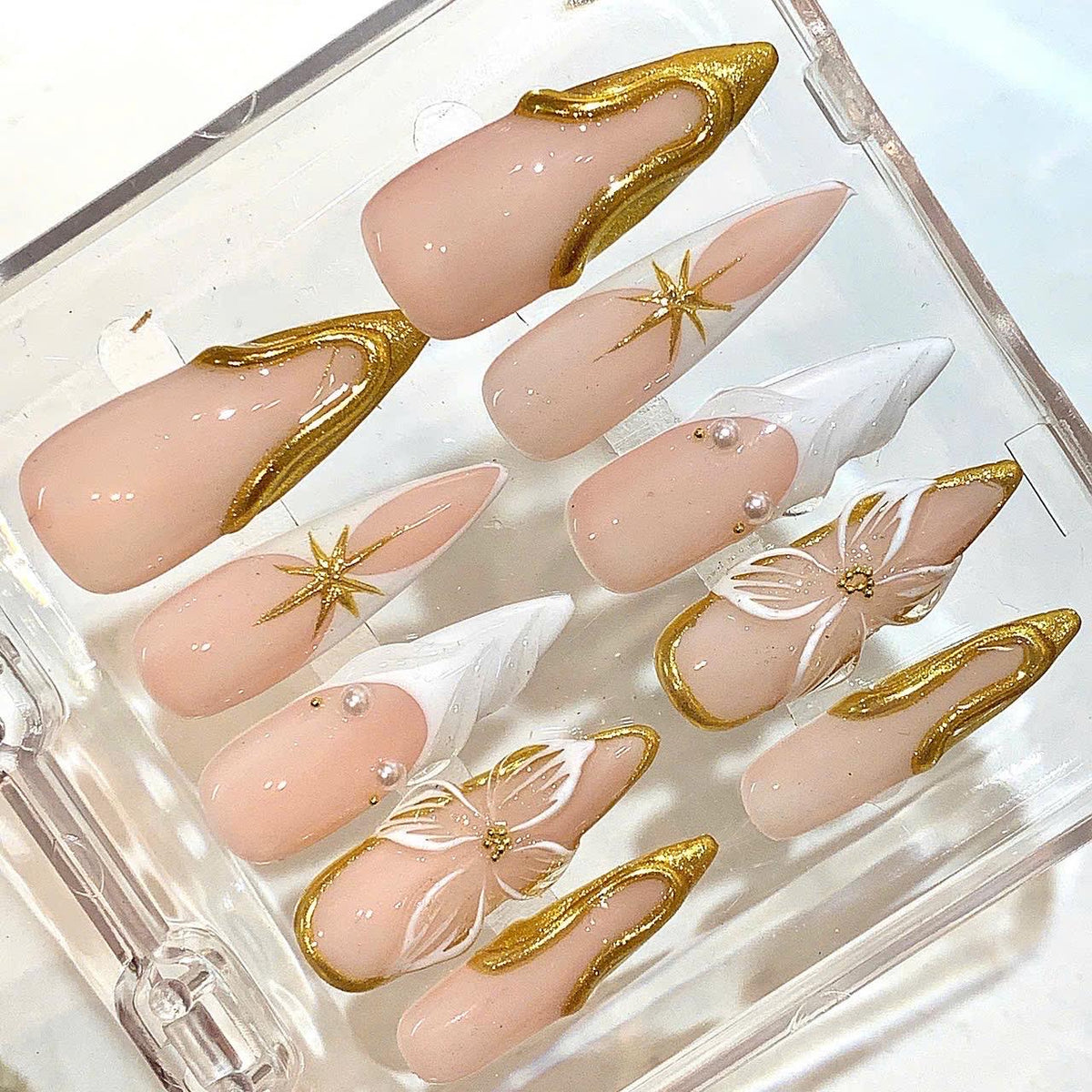 Luxury White Gold French Press On Nails - Nude Wedding Nails Set
