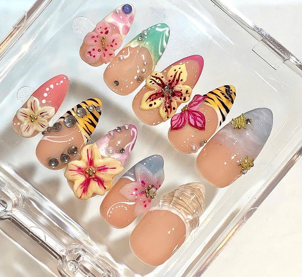 3D Flower Press On Nails | Tropical Mix Nail Set | Luxury Handmade Nails