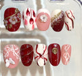 Red Pink Pearl Press On Nails | Luxury Floral Nail Set | Handmade 3D Design