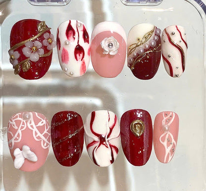 Red Pink Pearl Press On Nails | Luxury Floral Nail Set | Handmade 3D Design