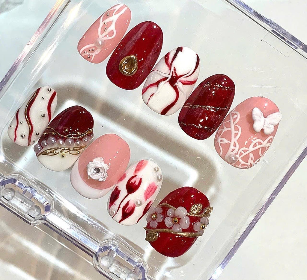 Red Pink Pearl Press On Nails | Luxury Floral Nail Set | Handmade 3D Design