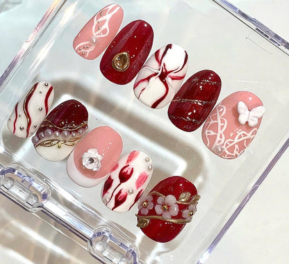 Red Pink Pearl Press On Nails | Luxury Floral Nail Set | Handmade 3D Design