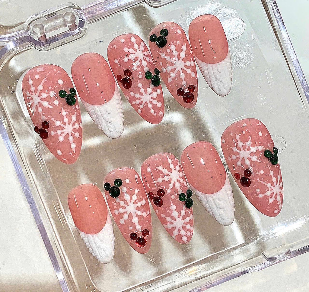 Snowflake Christmas Press On Nails | Pink Glitter Holiday Nail Set | Red Green Accent Nails
