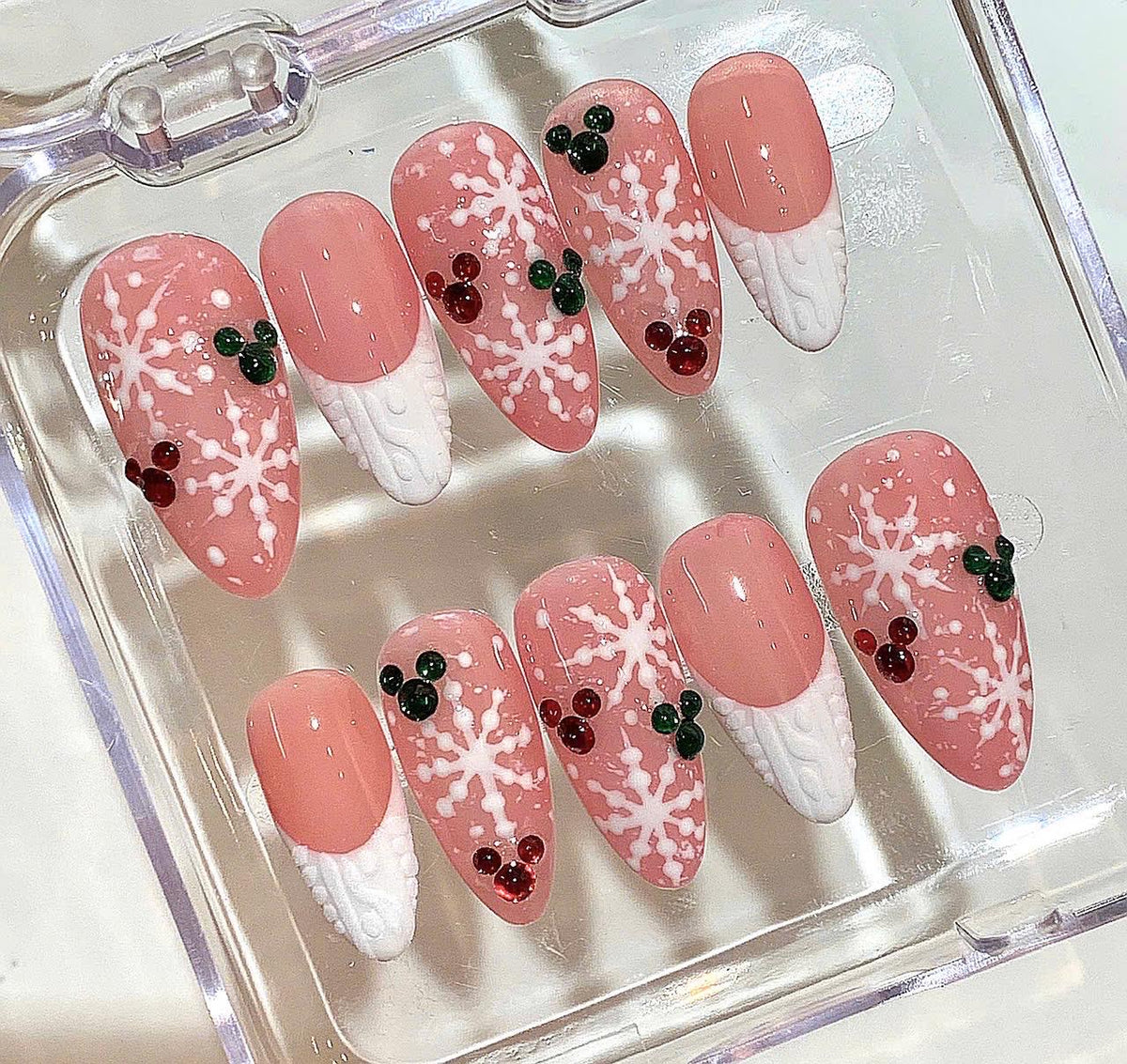 Snowflake Christmas Press On Nails | Pink Glitter Holiday Nail Set | Red Green Accent Nails