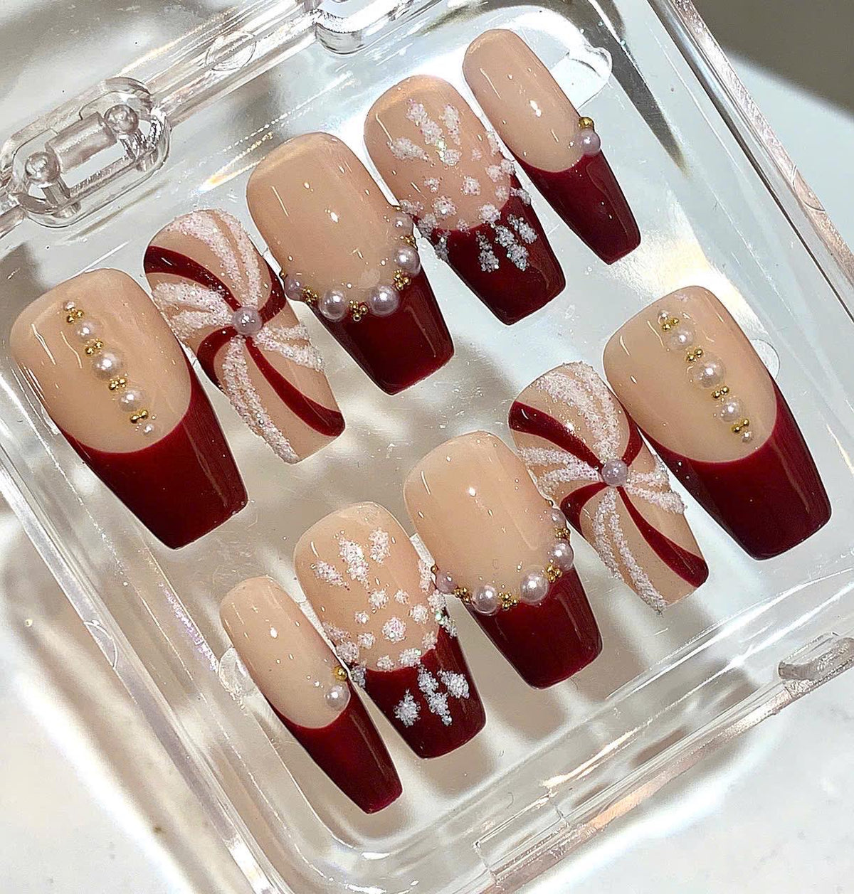 Red Christmas Press On Nails | Candy Swirl & Snowflake Nail Set | Holiday Fake Nails