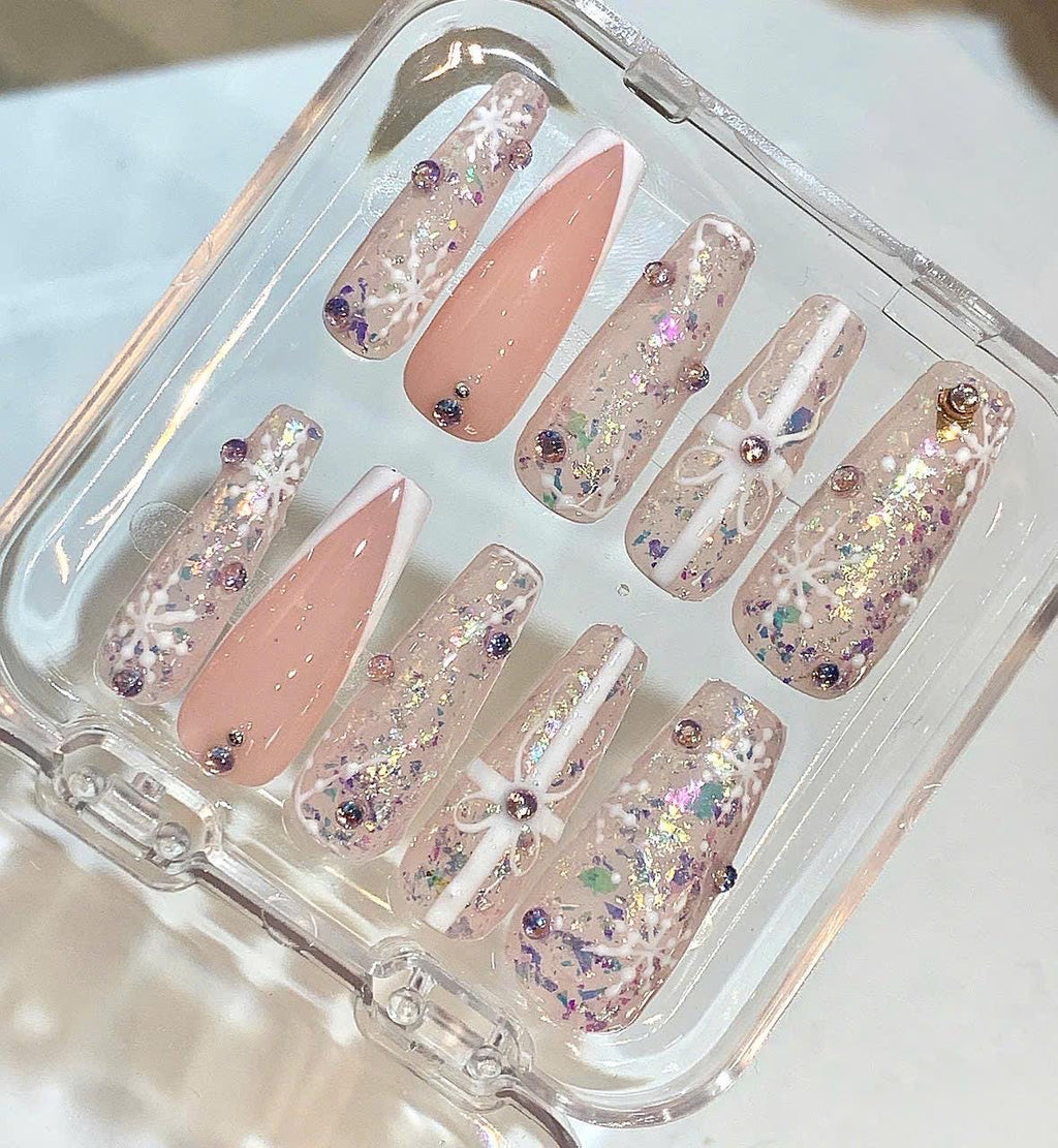 Pink Snowflake Press On Nails | Glitter Xmas Long Coffin False Nails