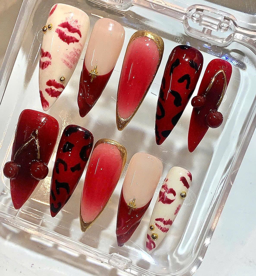 Red Cherry Kiss Press On Nails – Leopard & Lip Print Ombre Nail Set