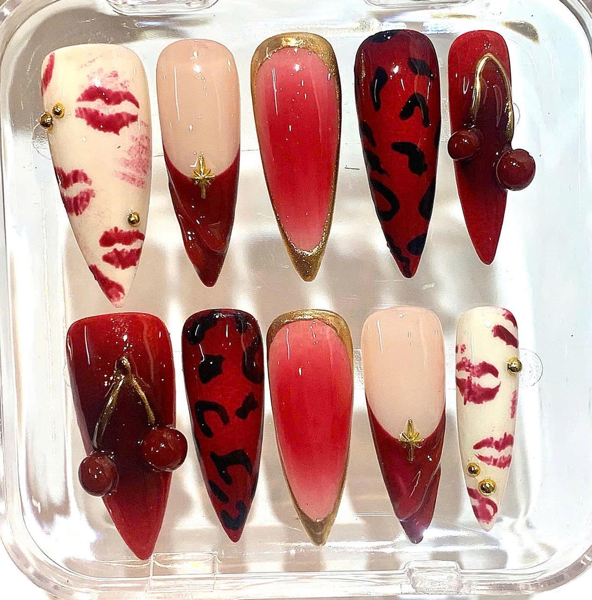Red Cherry Kiss Press On Nails – Leopard & Lip Print Ombre Nail Set