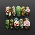Handmade Enchanted Forest Press On Nails | 3D Orchids, Mushrooms, Snakes & Ladybugs Art | Long Almond Nails For Magical Nature Vibes