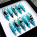 Handmade Swimming Cat Press On Nails | 3D Water Ripples & Blue Glitter | Long Stiletto For Whimsical Summer Mood