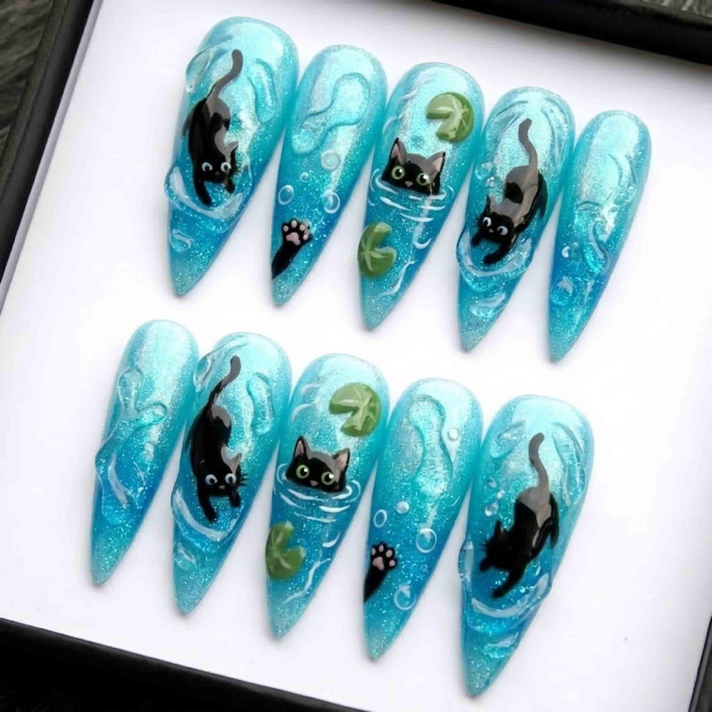 Handmade Swimming Cat Press On Nails | 3D Water Ripples & Blue Glitter | Long Stiletto For Whimsical Summer Mood