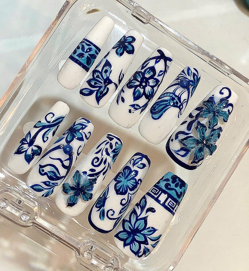 Blue Porcelain Press On Nails – Hand Painted Floral & Bird China Art Nail Set