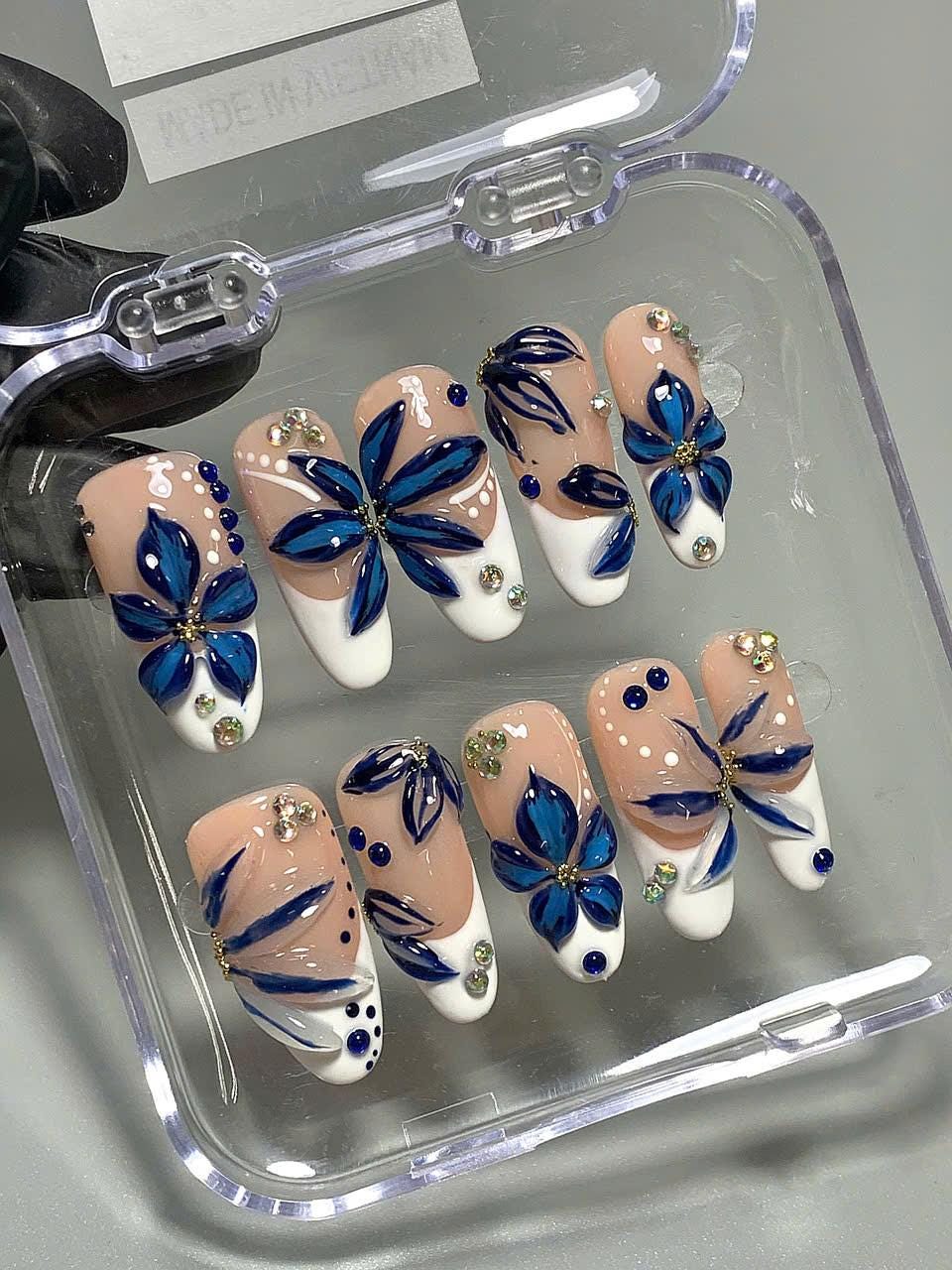 3D Blue Floral Press On Nails: Rhinestone French Tip Nail Art
